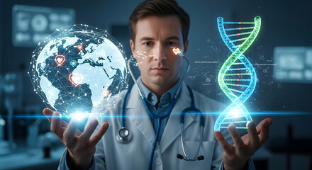 A doctor holds a holographic globe and a glowing DNA helix, symbolizing futuristic global healthcare and genetic research.
