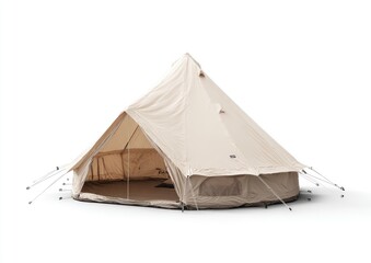 Beige canvas bell tent, open, on white background