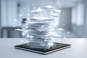 Stack of papers levitating over a tablet digital transformation