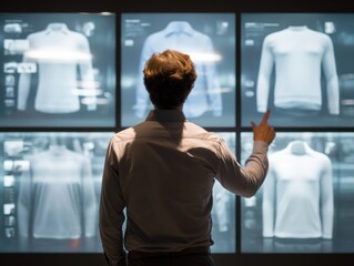 Man interacting with digital clothing displays