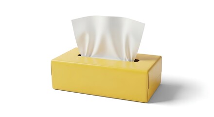 Yellow tissue box with white tissues on a white background