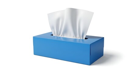 Blue tissue box with tissues on white background