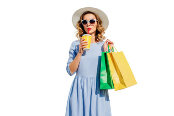 young woman with shopping bags isolated on white