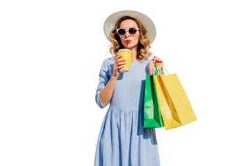 young woman with shopping bags isolated on white