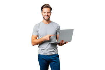 Smilling young man with laptop isolated on white