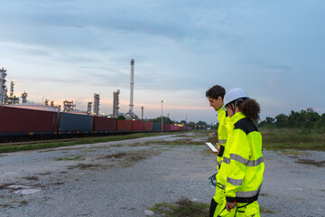 Railroad Engineers or Workers on Site, Industrial Safety Team Inspecting Train Tracks, Logistics Workers in High-Visibility Gear at a Freight Yard