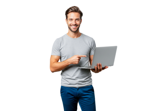 Smilling young man with laptop isolated on white