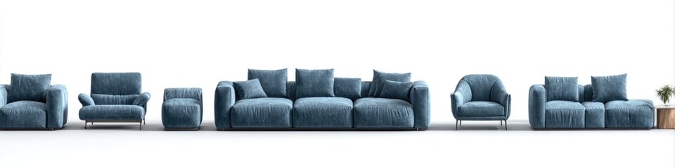 Assorted modular blue fabric sofas and armchairs