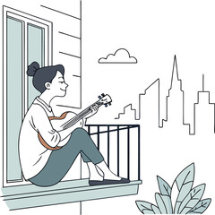 A woman sitting with ukulele on her apartment balcony