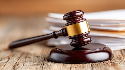 A wooden judge"s gavel rests on a sound block with stacked legal documents blurred in the background, symbolizing law and justice.