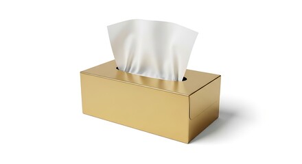 Golden tissue box with tissues on white background 