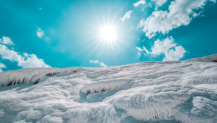The bright sun illuminating the white terraces, captured in a black-and-white contrast style, mixes with the soft cotton candy pastel colors, creating a surreal and calming landscape.