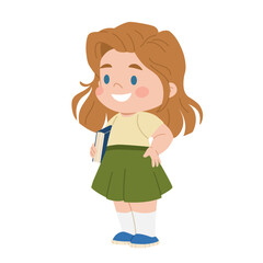 Full length schoolgirl with book. Kid standing with textbook. Cute student character. Back to school. Children education. Vector illustration
