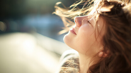 Woman looking up, embracing the sun, enjoying fresh air, digital detox