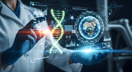 A scientist in a lab coat analyzes a holographic DNA helix and global data on a futuristic interface.