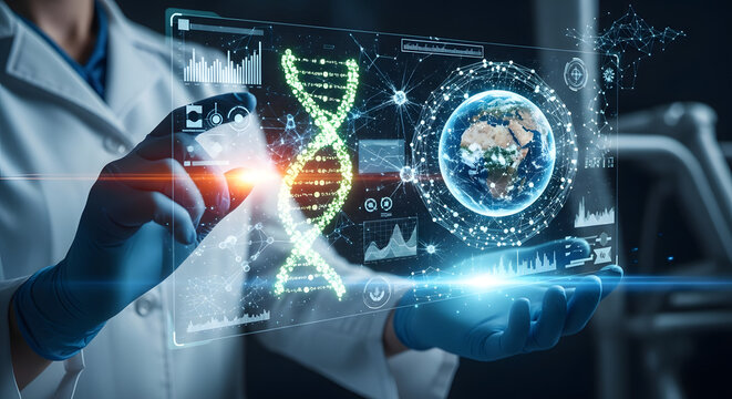 A scientist in a lab coat analyzes a holographic DNA helix and global data on a futuristic interface.