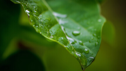 Close up of fresh green leaf covered in water droplets, nature scene