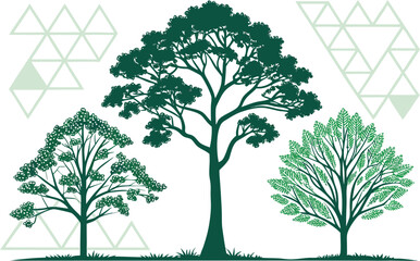 Three green trees with geometric pattern background