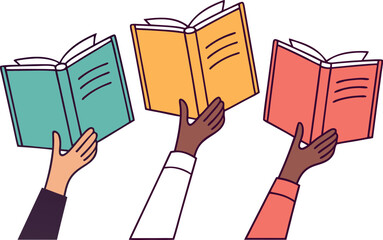 Three hands holding open books in different colors