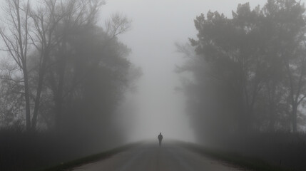Person walking alone in fog on empty road, digital detox concept