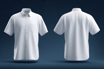 3D render of a white short-sleeved shirt, front and back view, isolated on a dark blue background, Generative AI.