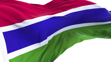 Gambia flag waving and swirling, looping Close-up camera angle with transparent background, with alpha matte layer for transparency in the background.
