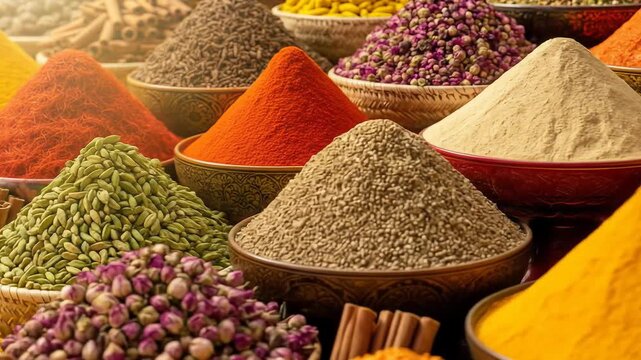 Vibrant Aromatic Spices Display: A Dynamic Close-up of Colorful Culinary Ingredients
