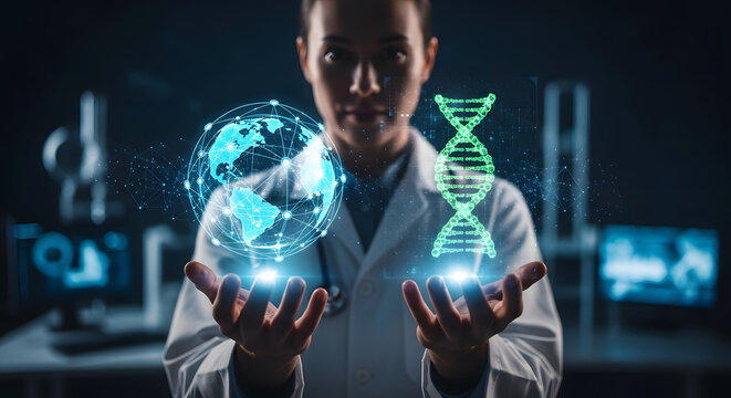 A female scientist in a lab coat holds glowing holograms of a global network and a DNA helix.