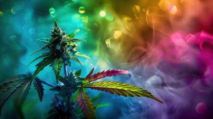 Green Purple Cannabis Bud Captured Amid Colorful Abstract Smoke Swirls