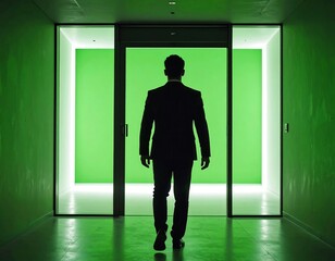 Fototapeta premium Man walking through a vibrant green doorway