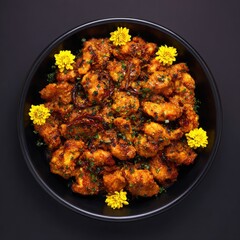 Spicy chicken dish in black bowl, garnished with flowers