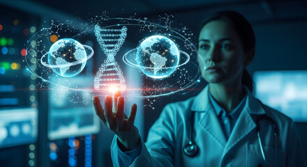 A scientist in a lab coat examines a holographic display of DNA, planets, and scientific data, symbolizing genetic research and global connectivity.