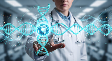 A medical professional interacts with a glowing holographic DNA helix and global network in a futuristic lab.