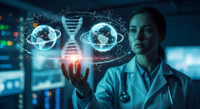 A scientist in a lab coat examines a holographic display of DNA, planets, and scientific data, symbolizing genetic research and global connectivity.