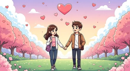 Couple Walking Hand in Hand in a Park with Heart Decorations