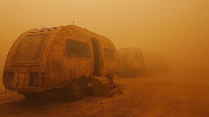 Rusty trailers shrouded in a desert sandstorm.