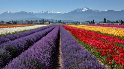 Obraz premium Colorful flower fields stretch out toward a snowy mountain range.