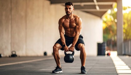 Man performing kettlebell squat