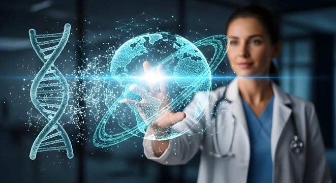 A doctor's hands hold a glowing holographic DNA helix intertwined with a miniature Earth, symbolizing global health and scientific advancement.
