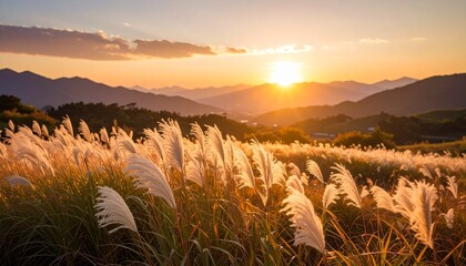 夕日に染まるススキ