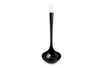 Black ladle with white handle isolated on transparent background, ideal for serving soup or stew