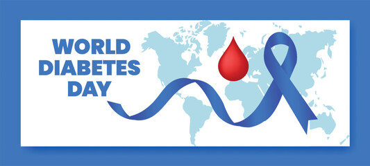 World diabetes day Horizontal banner, social media cover header with blue ribbon and Blood Drop illustration template