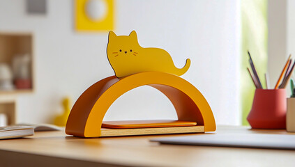 The wooden desktop holder has an elegant arched design, showcasing warm yellow and orange tones with a smooth finish.
