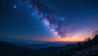 Fototapeta premium Milky Way Galaxy Over Dark Mountain Range at Night with Stars
