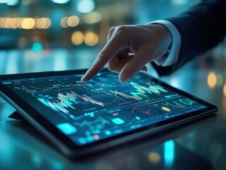 Fototapeta premium A close-up of a person’s hand points to a financial graph on a tablet screen, displaying fluctuating market trends with colorful charts in a high-tech, bokeh-lit environment