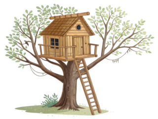 Charming wooden treehouse with ladder on a large tree