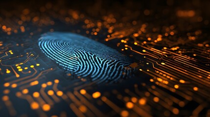 Futuristic digital fingerprint scan glows on circuit board, representing advanced cybersecurity and biometric authentication