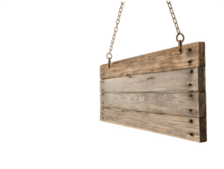Rustic wooden sign hanging from chains against a black background
