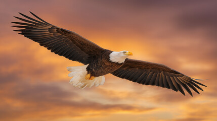 Obraz premium A majestic bald eagle soaring through a dramatic golden-hued sky.
