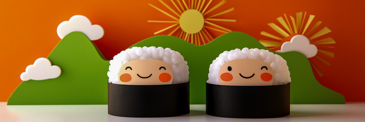 Two adorable kawaii sushi characters, with faces featuring a fluffy base of white rice and a black fish topping, cute food mascots, playful and charming designs.
